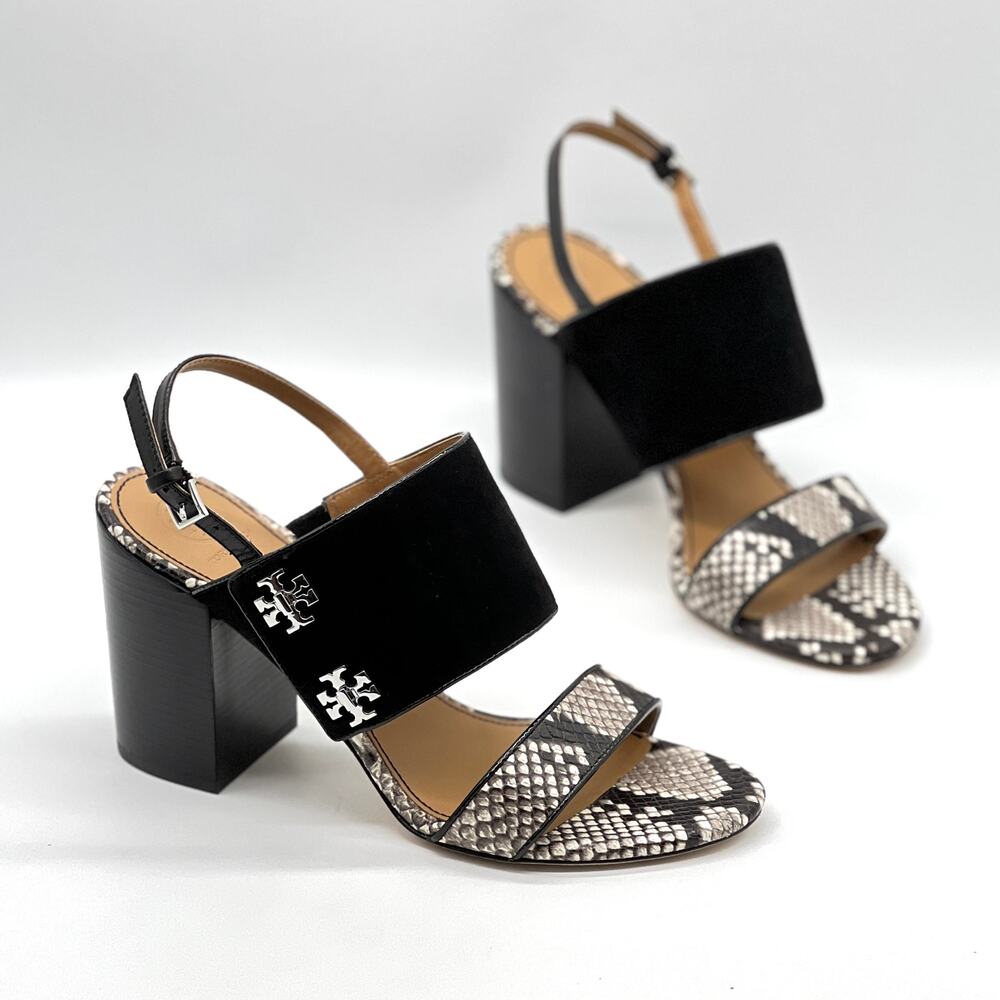 TORY BURCH Kira Suede Snake Embossed Sandal Womens 9 Black Block Heel Python